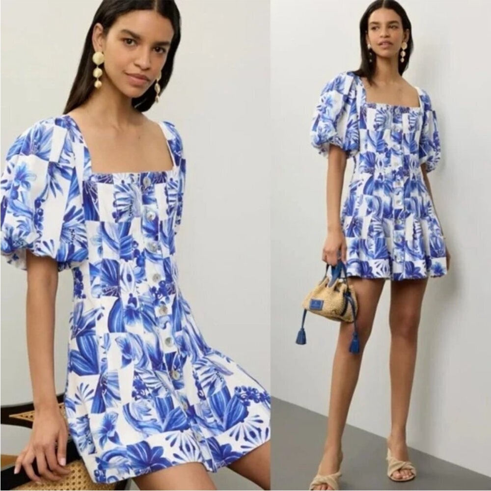 Caroline Constas Linen Blend Puff Sleeve Floral Mini Dress